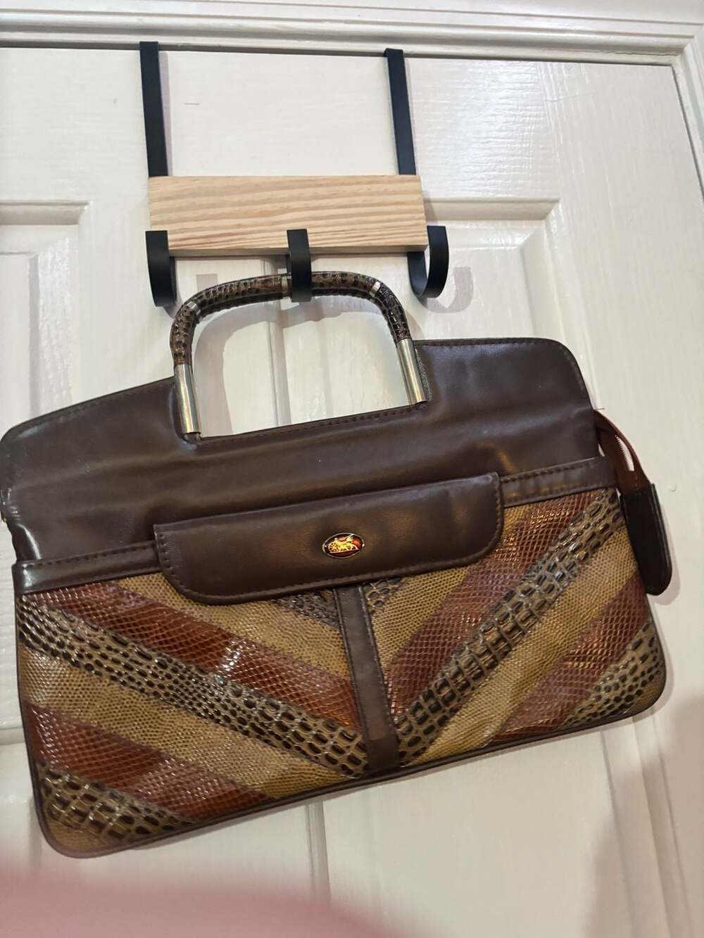 Vintage Brown Leather and Snakeskin Print Chevron Top Handle Bag